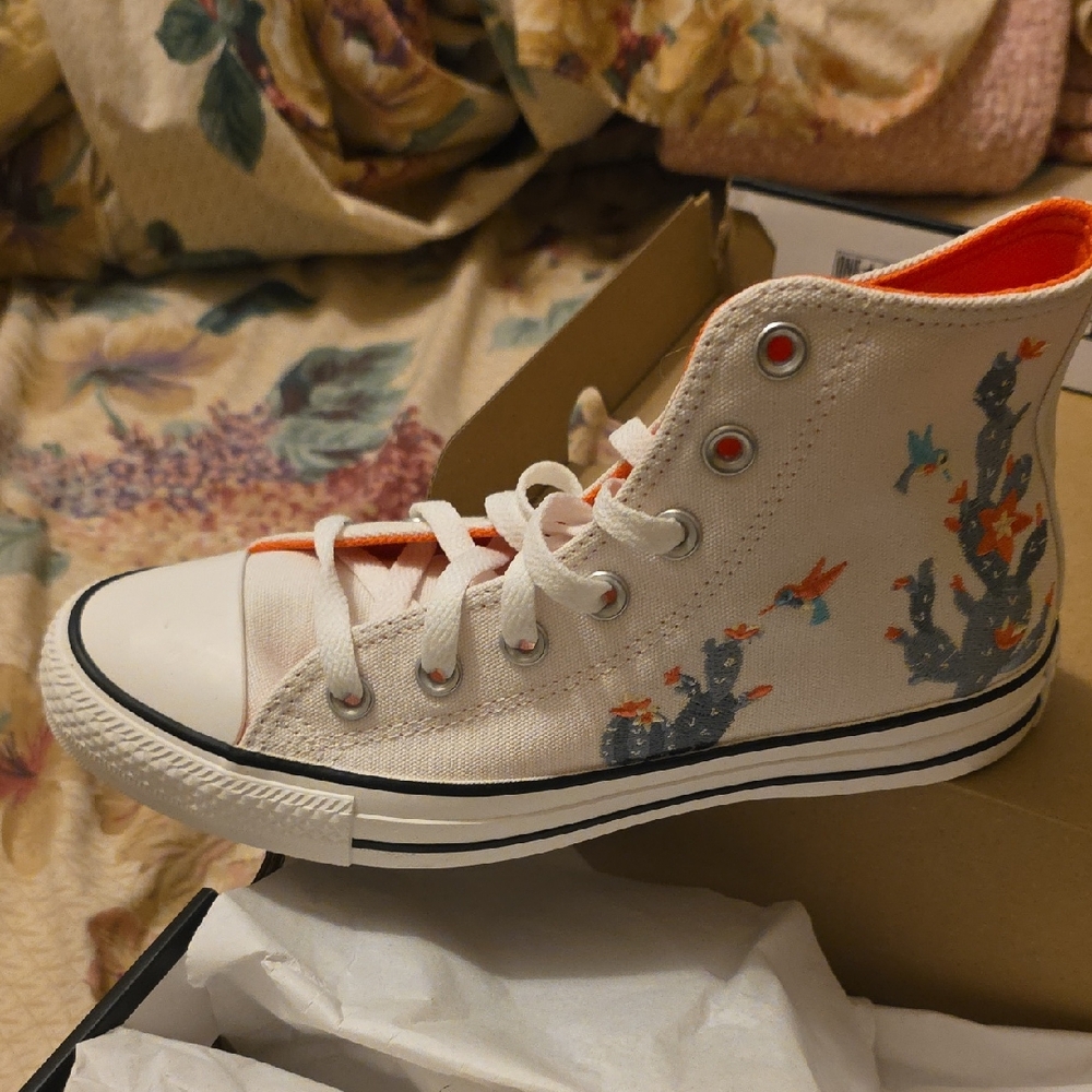 Womens High-Top Canvas Sneakers in Cream with Orange Accents